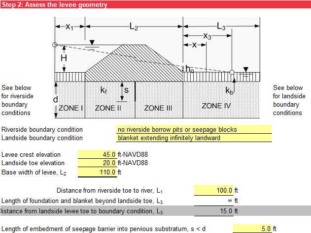 Step 2 of BT Case 8 worksheet: Levee geometry.